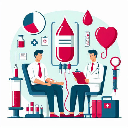 Blood donation concept. Doctor and patient with blood bag. Vector illustrationのイラスト素材