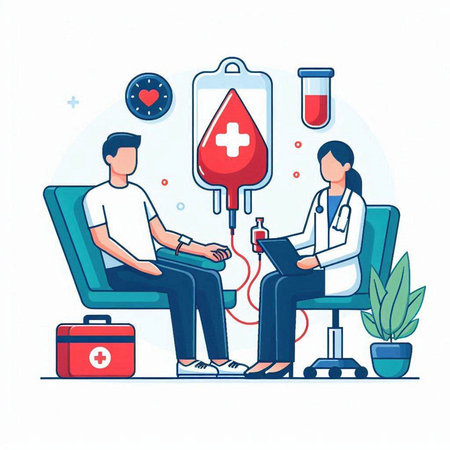 Doctor and Patient with Blood Donation. Vector illustration in flat style.のイラスト素材