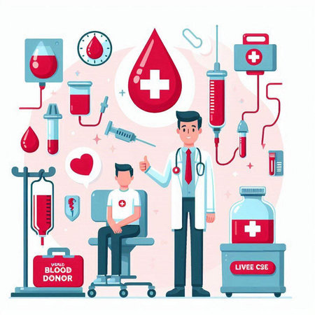 Blood donation concept. Doctor and patient. Vector illustration in flat styleのイラスト素材