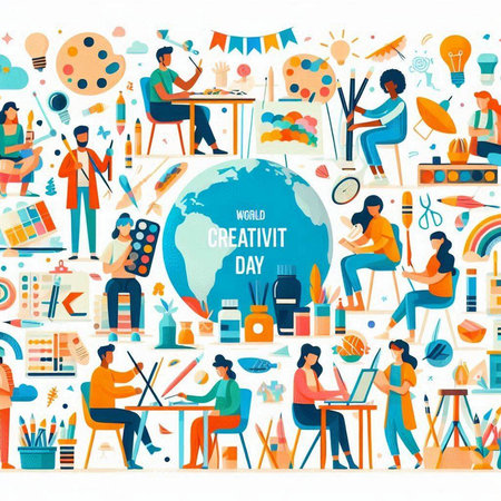 Art school concept with people doing art, drawing and painting. Vector illustrationのイラスト素材