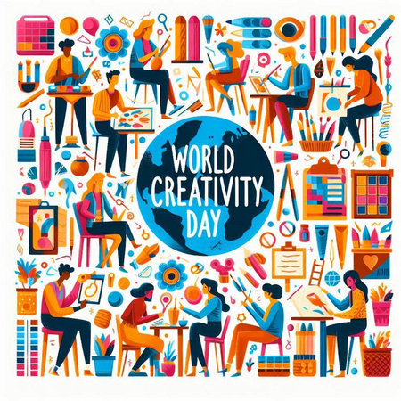 World Creativity Day banner with creative people, flat vector illustration.のイラスト素材