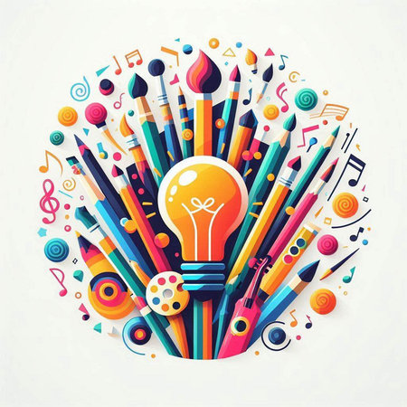 Colorful pencils and lightbulb on white background, vector illustrationのイラスト素材