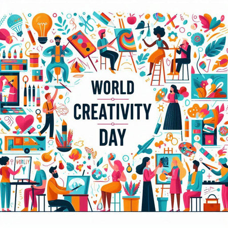 World Creativity Day banner with flat icons. Vector illustration in cartoon styleのイラスト素材