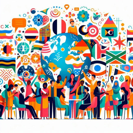 Global Communication Connection Globalization Concept. Group of Multiethnic Business People Meeting Around Earth Globe. Vector illustrationのイラスト素材