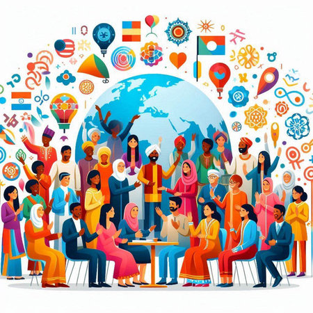 Multiethnic group of people sitting at the table and applauding, vector illustrationのイラスト素材