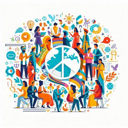 Concept of World Peace Day with people and symbols. Vector illustrationのイラスト素材