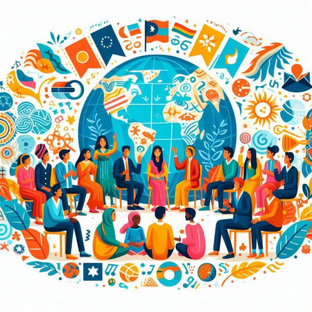 People of different nationalities and religions sitting on the ground. Vector illustrationのイラスト素材
