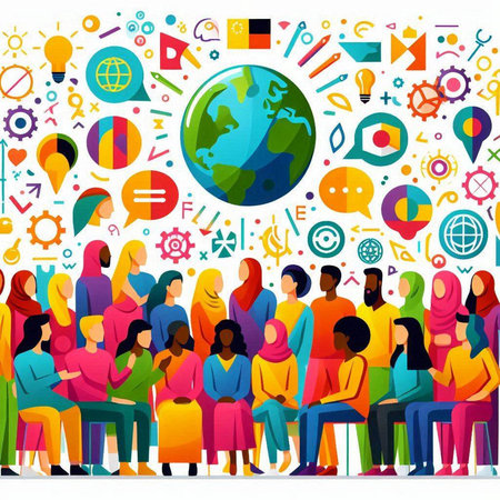 Vector illustration of business people sitting around the globe. Teamwork concept.のイラスト素材