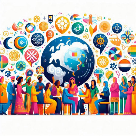 Vector illustration of Indian people sitting in front of the globe. Global communication concept.のイラスト素材