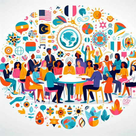 International day of peace concept. Group of diverse people sitting at table and talking. Vector illustrationのイラスト素材