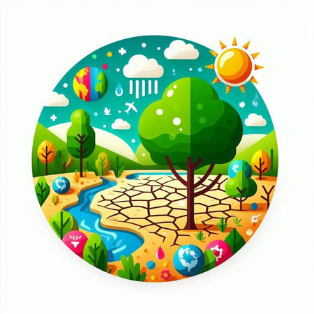 Illustration of a World Environment Day with trees, sun and earthのイラスト素材