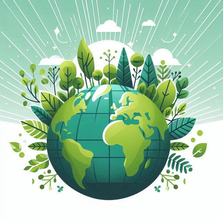 Ecology concept with globe and green leaves on white background. Vector illustration.のイラスト素材