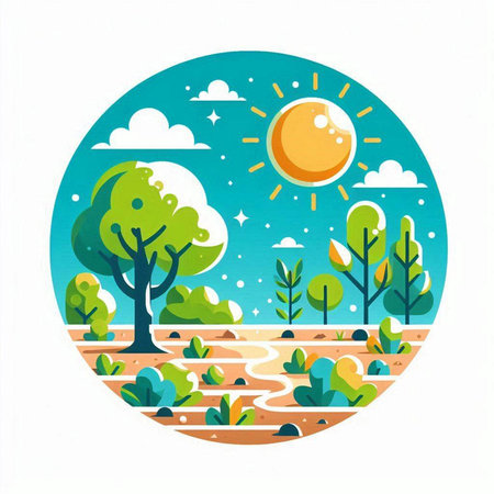 Vector illustration of a landscape with trees and sun in a circle.のイラスト素材