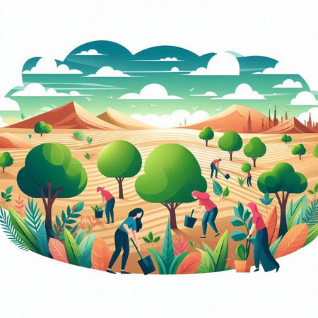 Vector illustration of people working in the field with trees and plants.のイラスト素材