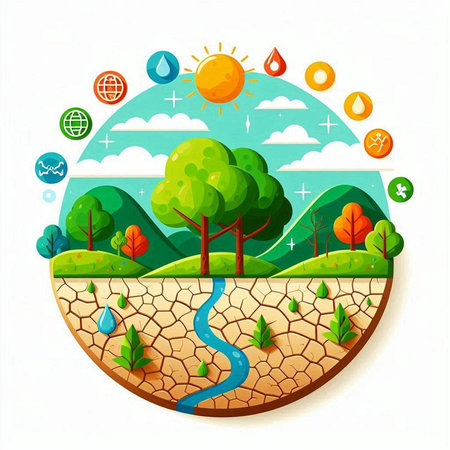 Ecology concept. Vector illustration of earth with green trees and water dropのイラスト素材