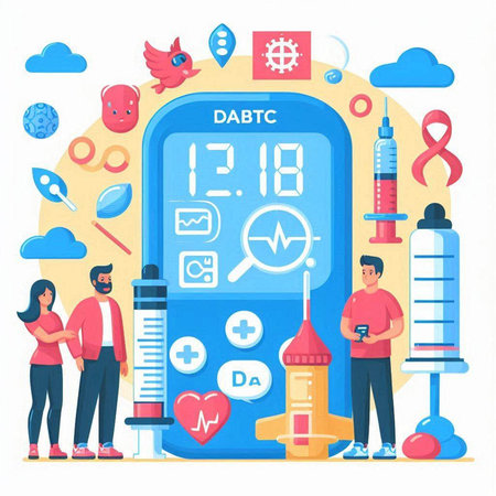 Diabetes concept vector illustration. Cartoon flat tiny people character with diabetes, insulin syringe, syringe, heart rate monitor, blood test.のイラスト素材