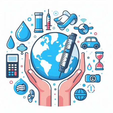 Vector illustration of hand holding globe with medical icons on white background.のイラスト素材