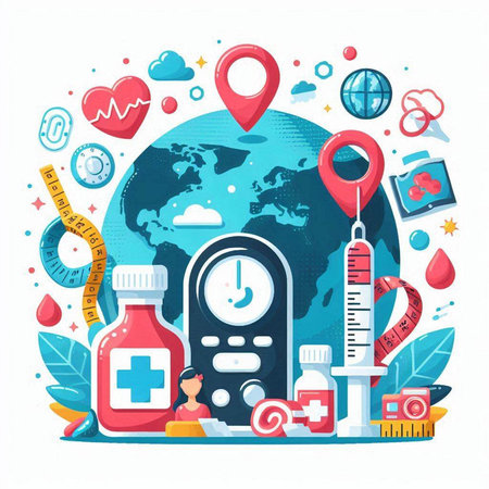 Medicine and health care concept. Flat design vector illustration. World map, pills, thermometer, syringe, globe, medical equipment.のイラスト素材