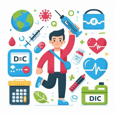 Healthy lifestyle concept. Vector illustration in flat cartoon style. Man with a syringe and medical equipment.のイラスト素材