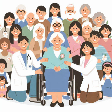 Vector illustration of an elderly woman with a group of doctors and nursesのイラスト素材
