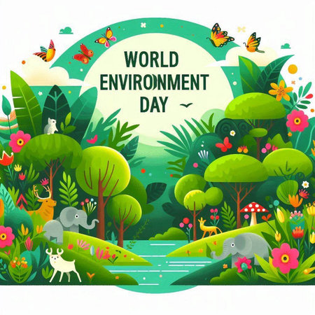 World Environment Day banner with cute animals and flowers. Vector illustration.のイラスト素材