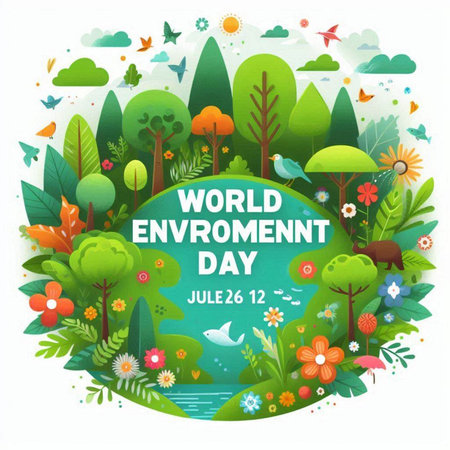 World Environment Day. Vector illustration of World Environment Day with green trees and flowers.のイラスト素材