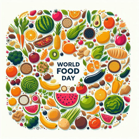 World food day poster with fruits and vegetables in circle shape. Vector illustrationのイラスト素材