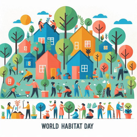 World Aids Day concept with people planting trees in the garden. Vector illustration.のイラスト素材