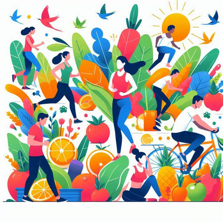 Healthy lifestyle concept with people doing fitness and yoga, vector illustrationのイラスト素材