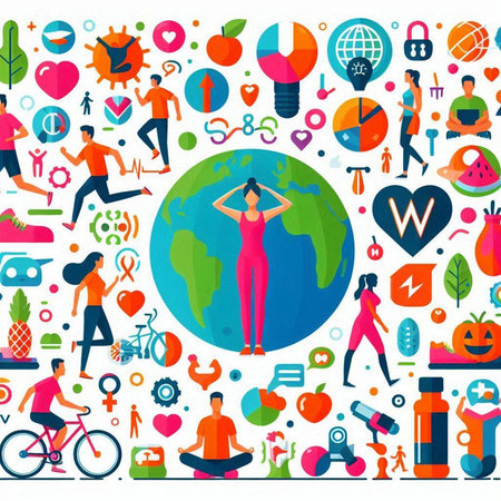 Vector flat illustration of healthy lifestyle. Set of fitness icons and symbols.のイラスト素材