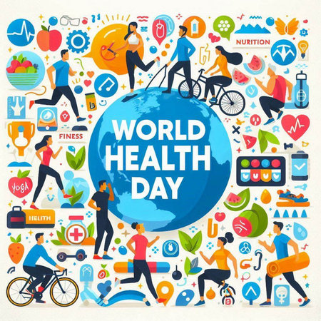World Health Day poster with flat icons and people. Vector illustration.のイラスト素材