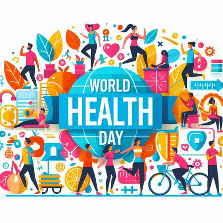 World Health Day concept with flat icons and people. Vector illustration.のイラスト素材