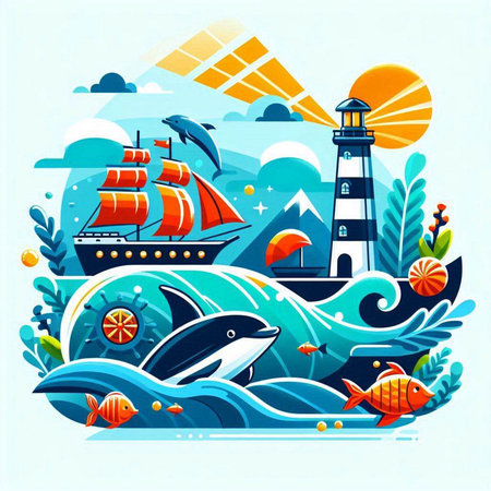 Sea landscape with sailboat, lighthouse and fish. Vector illustration.のイラスト素材