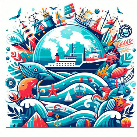 Vector illustration of sea life with whale, ship, anchor, seagulls, waves, corals, seaweed and other elementsのイラスト素材