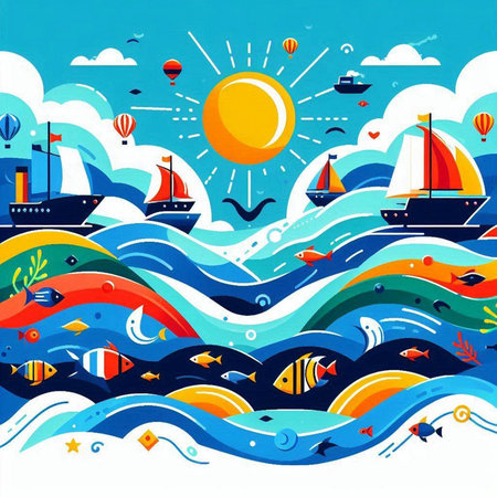Sea landscape with waves, sailboats and sun. Vector illustration.のイラスト素材