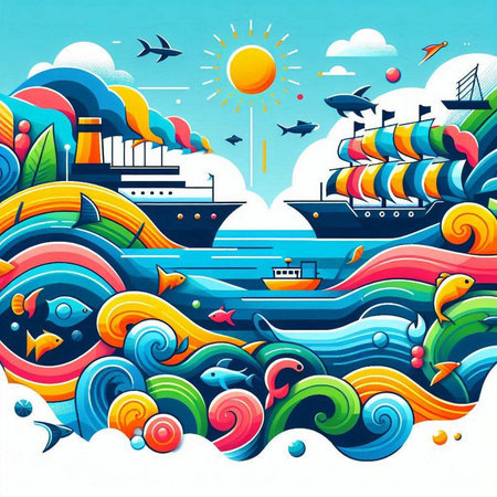 Sea and ship cartoon doodle background. Colorful vector illustrationのイラスト素材