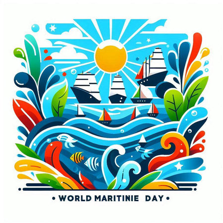 World Maritime Day vector illustration. Sea, boat, anchor, sun, waves and leaves.のイラスト素材