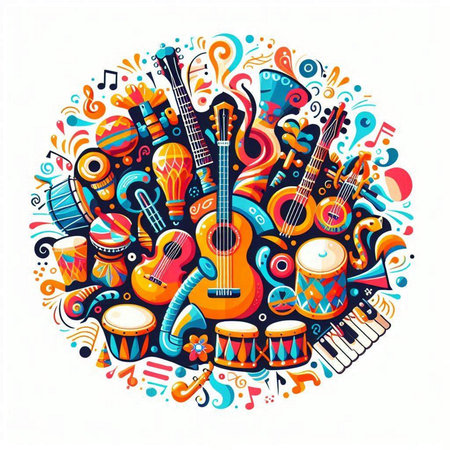 Cartoon cute doodles hand drawn Music illustration. Funny vector artwork.のイラスト素材