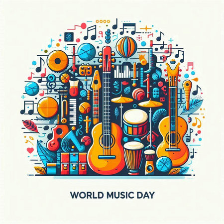 Colorful musical instruments in circle shape, vector illustration. Music backgroundのイラスト素材