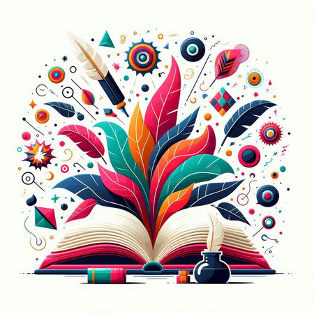 Vector illustration of open book with feathers and inkwell. Colorful backgroundのイラスト素材