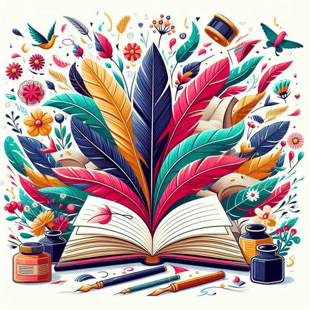 Vector illustration of an open book with feather pen, inkwell and flowers.のイラスト素材