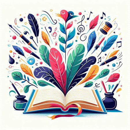 Vector illustration of open book with feathers and quill pen. Education concept.のイラスト素材