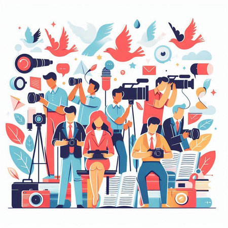 Journalists, journalists and photographers. Vector illustration in flat style.のイラスト素材