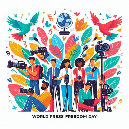 World Press Freedom Day. Group of people with camera and microphone. Vector illustration.のイラスト素材