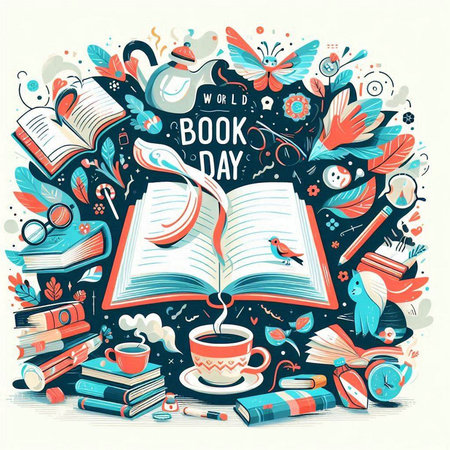 Vector illustration of a book with books and cup of coffee. Back to school.のイラスト素材