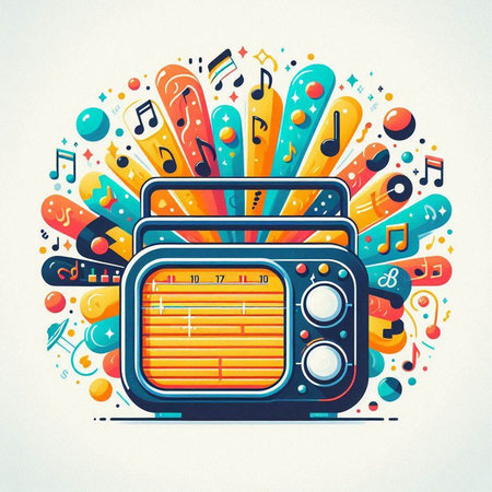 Retro radio with music notes. Vector illustration in pop art style.のイラスト素材