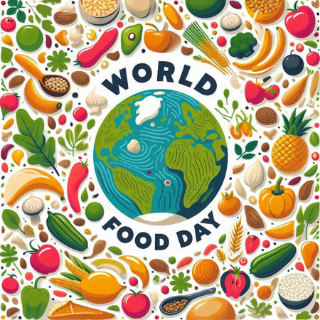 World food day poster with planet earth surrounded by vegetables and fruits vector illustrationのイラスト素材