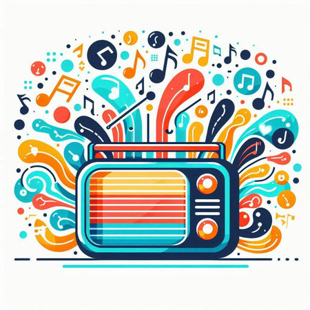 Retro radio with music notes. Vector illustration in doodle styleのイラスト素材
