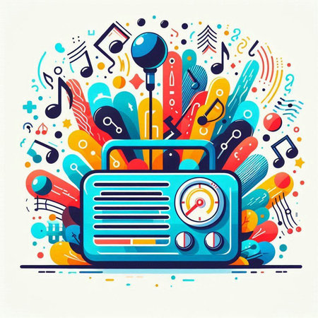 Radio with musical notes. Vector illustration in a flat style. Music background.のイラスト素材
