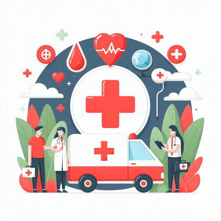Medical care concept. Vector flat graphic design illustration of doctor and patient with ambulance car, heart, globe and medical symbols around.のイラスト素材